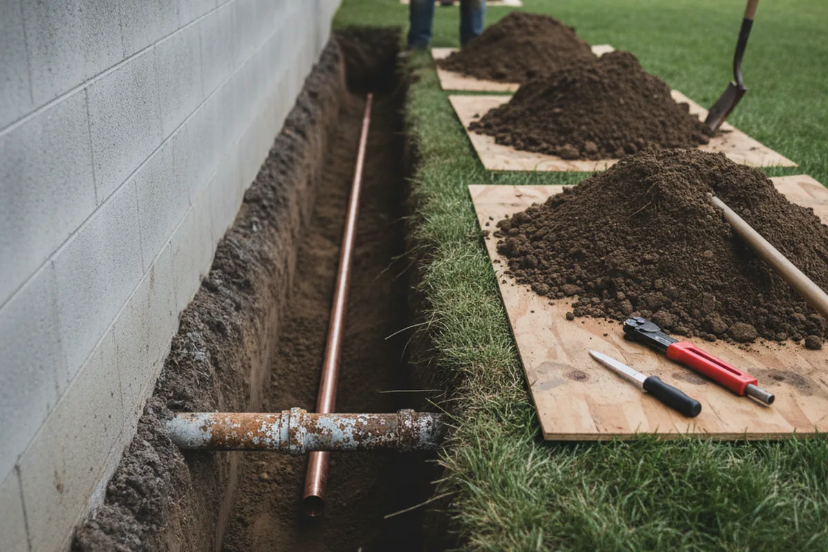 Excavated water line trench during Water Softener Installation in Belle Rose